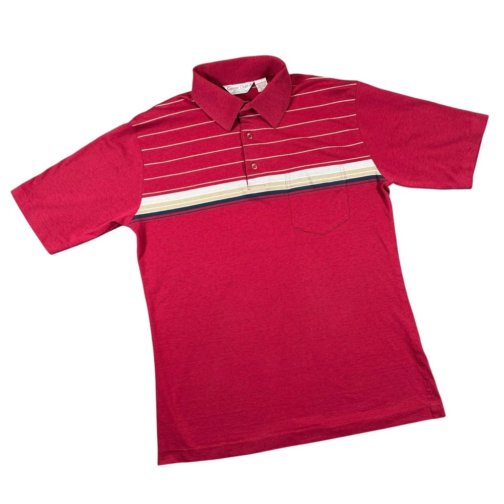 Career Club Polo Shirt Mens Medium Red Striped Chest Pocket‎ Casual Short Sleeve